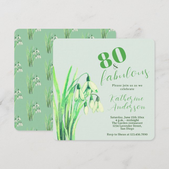 Snowdrop Watercolor, 80 & Fabulous Birthday  Invitation (Front/Back)