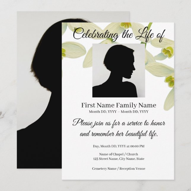 Snowdrop white memorial invitation (Front/Back)