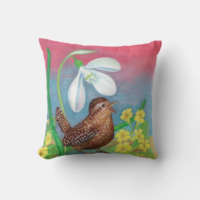 Snowdrop & wren bird summon the spring nursery cushion (Front)