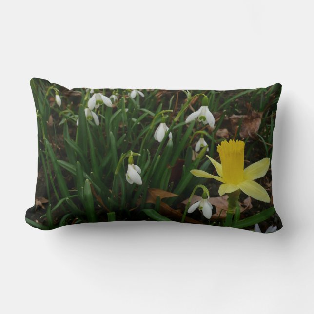 Snowdrops and Daffodil Spring Floral Lumbar Cushion (Front)
