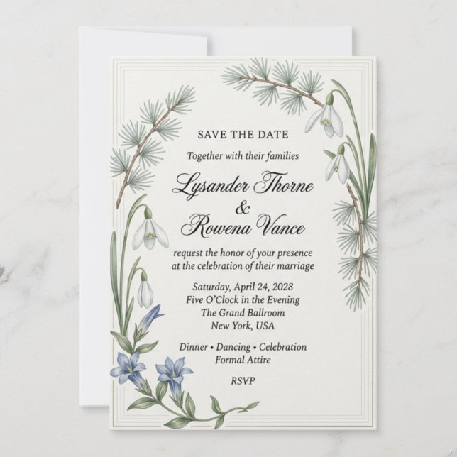 Snowdrops, Blue Gentian, Pine Needles, Multi-Line  Invitation (Front)