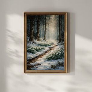 Snowdrops in Winter Forest Poster