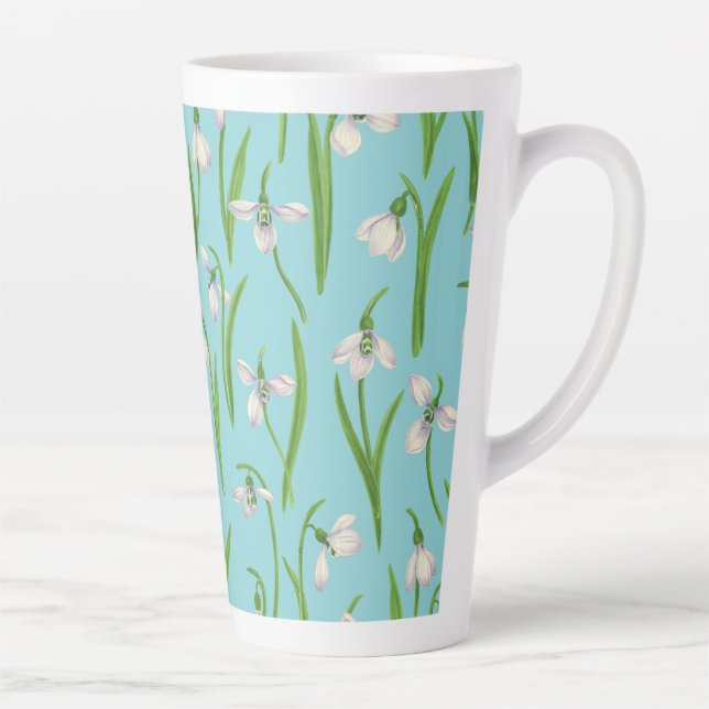 Snowdrops on pool blue latte mug (Right)