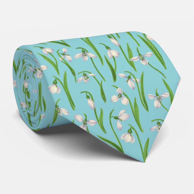 Snowdrops on pool blue tie (Rolled)