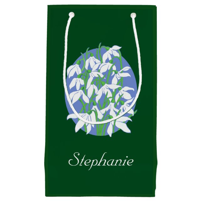 Snowdrops on Soft Blue Oval Background on Green Small Gift Bag (Front)