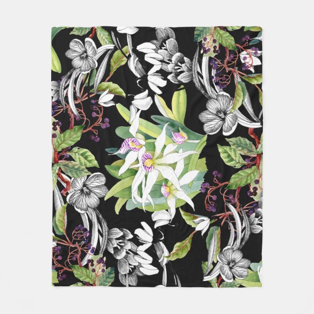 Snowdrops & Orchids: Sketched Black Pattern Fleece Blanket (Front)