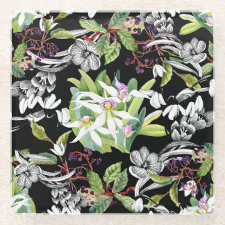 Snowdrops & Orchids: Sketched Black Pattern Glass Coaster