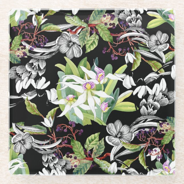 Snowdrops & Orchids: Sketched Black Pattern Glass Coaster (Front)