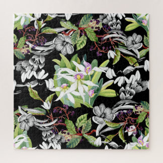Snowdrops & Orchids: Sketched Black Pattern Jigsaw Puzzle