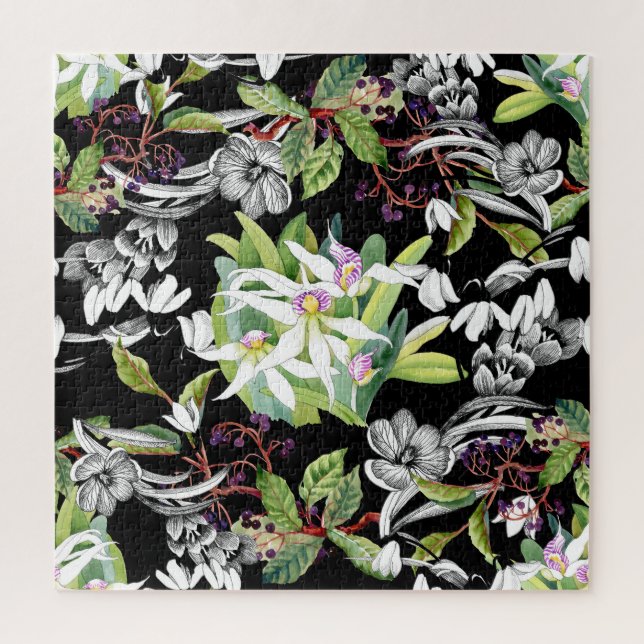 Snowdrops & Orchids: Sketched Black Pattern Jigsaw Puzzle (Vertical)