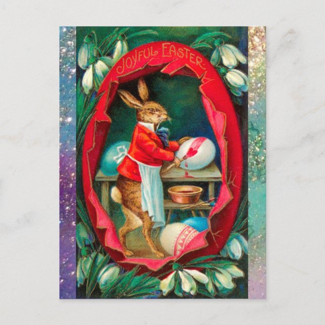 SNOWDROPS WITH RABBIT PAINTING EASTER EGGS HOLIDAY POSTCARD (Front)