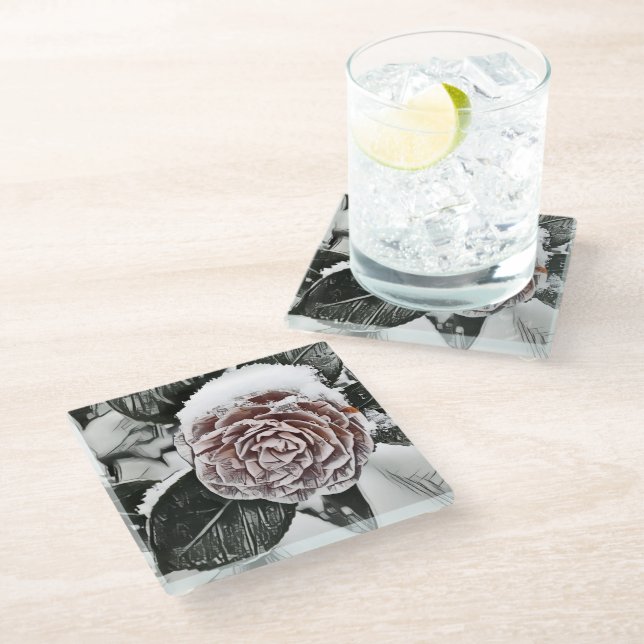 Snowed Frozen Rose Drawing  Glass Coaster (Angled)