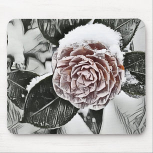 Snowed Frozen Rose Drawing Mouse Pad