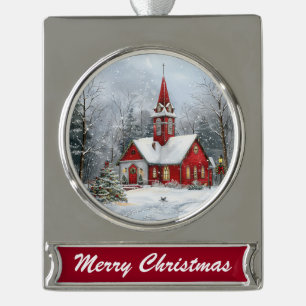 Snowfall at the Chapel Vintage Christmas  Silver Plated Banner Ornament