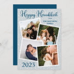 Snowfall Happy Hanukkah 4 Photo - Blue | Grey Holiday Card<br><div class="desc">Rustic snowfall on a blue grey (pale teal) background "Happy Hanukkah!" four framed photos collage holiday design with a solid ocean blue background on back. Simply add your family name and the year along with your photos to complete the design. Composite design by Holiday Hearts Designs (rights reserved) with template...</div>