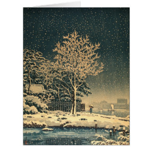 Snowfall in Feudal Japan at Sumida River Ukiyo