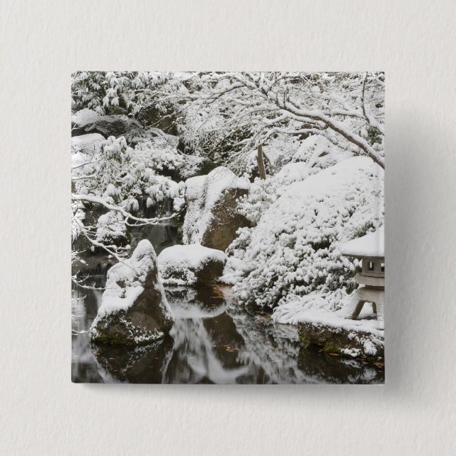 Snowfall in Portland Japanese Garden, 2 15 Cm Square Badge (Front)