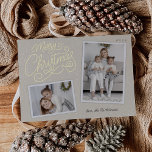 Snowfall Script 2 Photo Snapshot<br><div class="desc">Festive holiday photo card features two photos in snapshot style,  with "Merry Christmas" in embellished gold foil script. Personalise with your family signature and the year.</div>