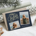 Snowfall Script 2 Photo Snapshot<br><div class="desc">Festive holiday photo card features two photos in snapshot style,  with "Merry Christmas" in embellished gold foil script. Personalise with your family signature and the year.</div>