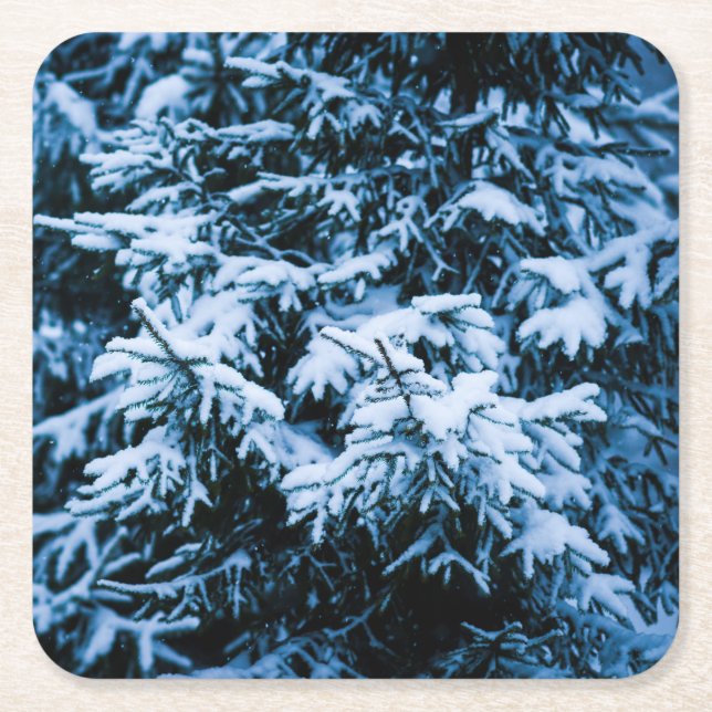 Snowfall Winter Christmas Tree Square Paper Coaster (Front)