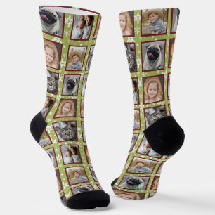 Snowflake 5 Custom Family Photo Collage Green Easy Socks