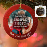 Snowflake and White Stars on Red, Two-Sided Photo Ceramic Tree Decoration<br><div class="desc">Design your own keepsake or gift ornament with two photos on this double-sided ceramic ornament featuring a red background with a snowflake and white stars and a place to add your personalised text on the front. Change, add or delete the text as desired. The text font style, size and colour...</div>