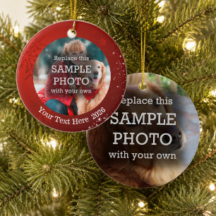 Snowflake and White Stars on Red, Two-Sided Photo Ceramic Tree Decoration