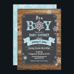 Snowflake baby boy shower rustic wood chalkboard invitation<br><div class="desc">ALL TEXT ARE EDITABLE, except the graphic "BOY" Rustic wood and retro chalkboard style invitation. Perfect for Christmas, winter seasons.You may change the party title to BABY SHOWER / SPRINKLE / COUPLES BABY SHOWER, etc. Theme: little snowflake, let it snow. Season: winter, Christmas Style: rustic, retro, vintage Colours: blue, white,...</div>