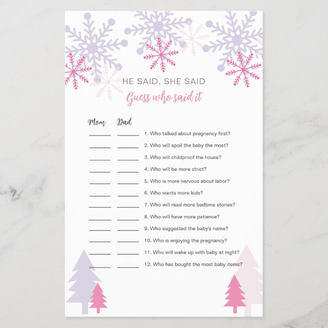 Snowflake Baby Shower Guess who Said it Game Flyer (Front)