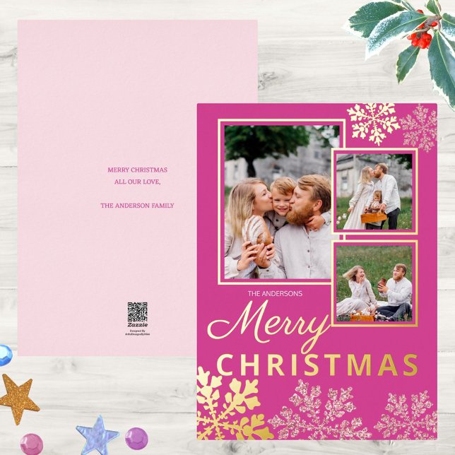 Snowflake Berry Bling 3 Photo Collage Gold (Deep rich berry pink paired with real gold foil accents & faux glitter pink snowflakes = elegant fun)