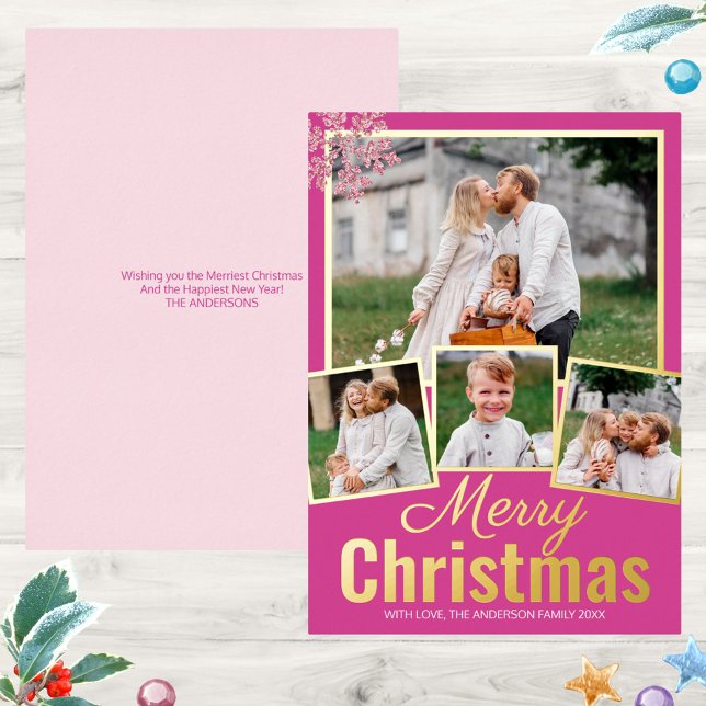 Snowflake Berry Bling 4 Photo Collage Gold (These 4 photo Christmas cards with real gold foil printing is a great way to add elegance)