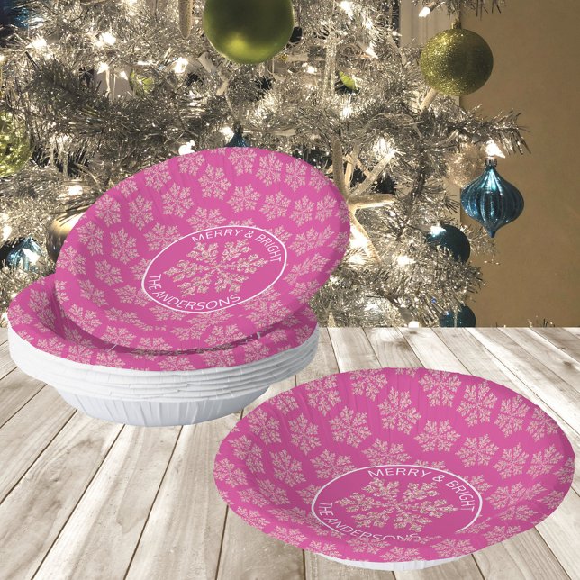 Snowflake Berry Bling Cute Christmas Party Paper Plate (These fun paper bowels in pink with faux glitter snowflakes are easy to customize with your text)