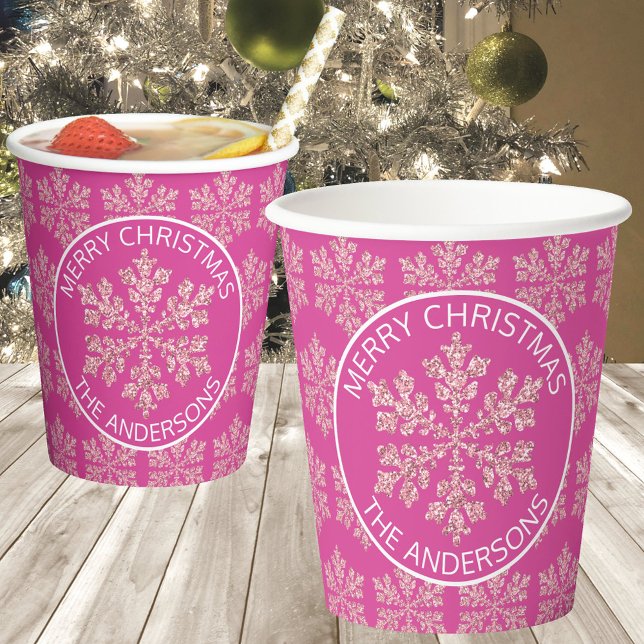 Snowflake Berry Bling Cute Festive Christmas Paper Cups (Paper cups in a festive pink Christmas theme add a little fun and are easy to personalize)