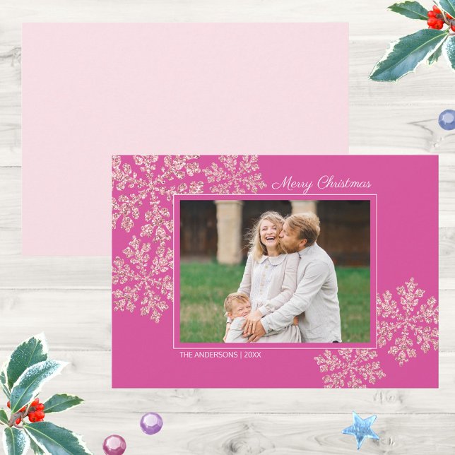 Snowflake Berry Bling Elegant Christmas Photo Holiday Card (The Christmas color trend is pink, rich deep berry pink. Faux glitter snowflakes add a bit of bling)