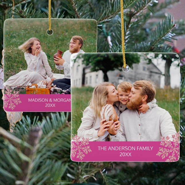 Snowflake Berry Bling Trendy 2 Photo Christmas Ceramic Ornament (Personalize these fun pink snowflake square ceramic ornaments for yourself and as cute gifts)