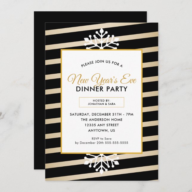Snowflake | Black Stripes New Year's Eve Party Invitation (Front/Back)