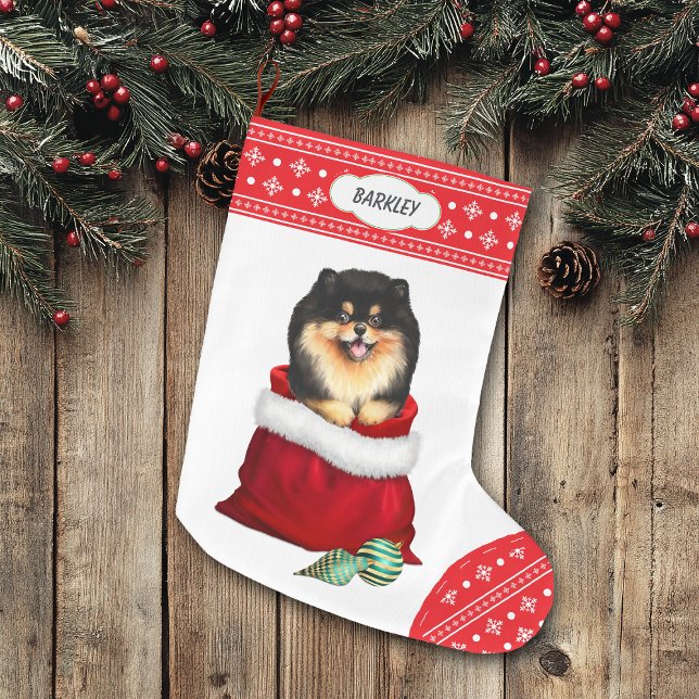 Snowflake Black Tan Pomeranian Gift Surprise Large Christmas Stocking (Creator Uploaded)