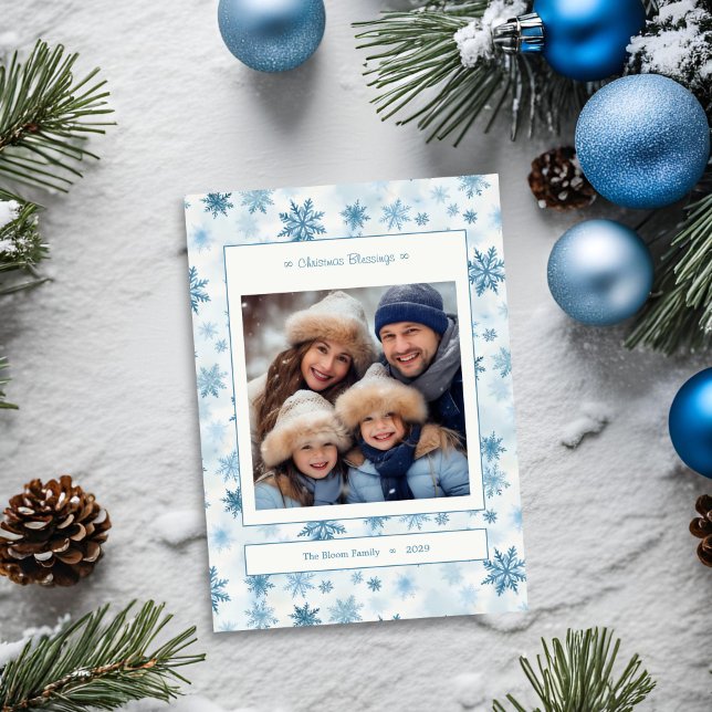 Snowflake Blue and White Watercolor Family Photo Holiday Card (Snowflake Blue and White Watercolor Family Photo Card Blessings )