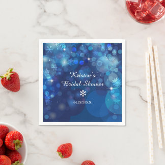Snowflake Blue Bokeh Winter Bridal Shower Napkin