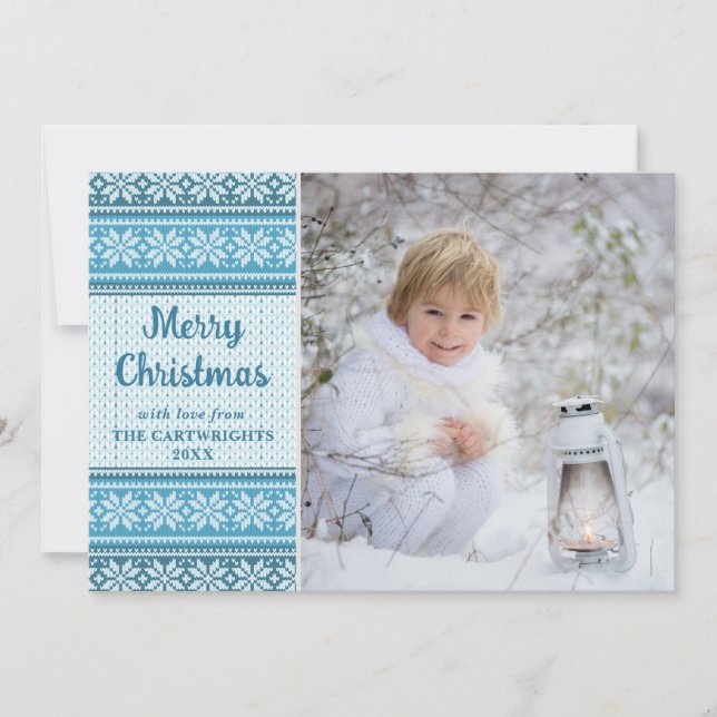 Snowflake Blue Knit Sweater Photo Custom Greeting Holiday Card (Front)