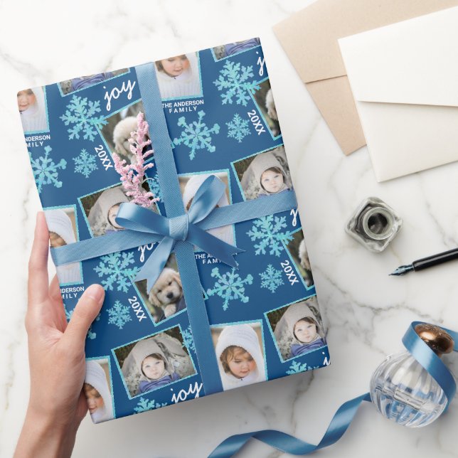 Snowflake Blue Opal Elegant Christmas 3 Photo Wrapping Paper (Gifting)
