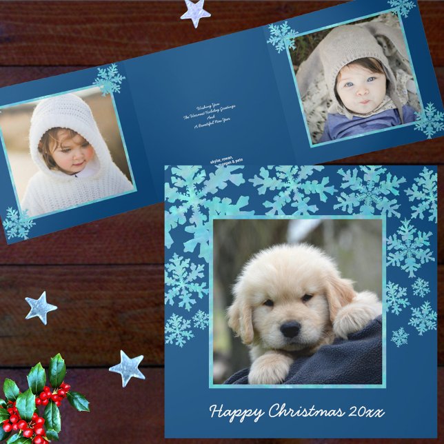 Snowflake Blue Opal Happy Christmas 4 Photo Tri-Fold Holiday Card (Creator Uploaded)