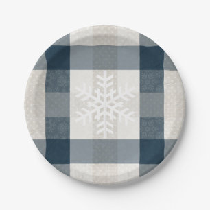 Snowflake Blue Plaid Winter Holiday Christmas Paper Plate