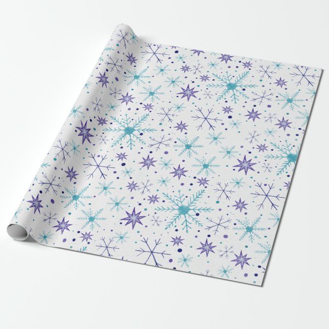 Snowflake Blue & Purple Gift Wrapping Paper (Unrolled)