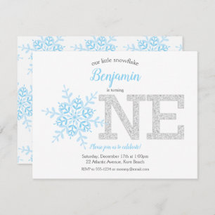 Snowflake Blue Silver Glitter Winter 1st Birthday Invitation
