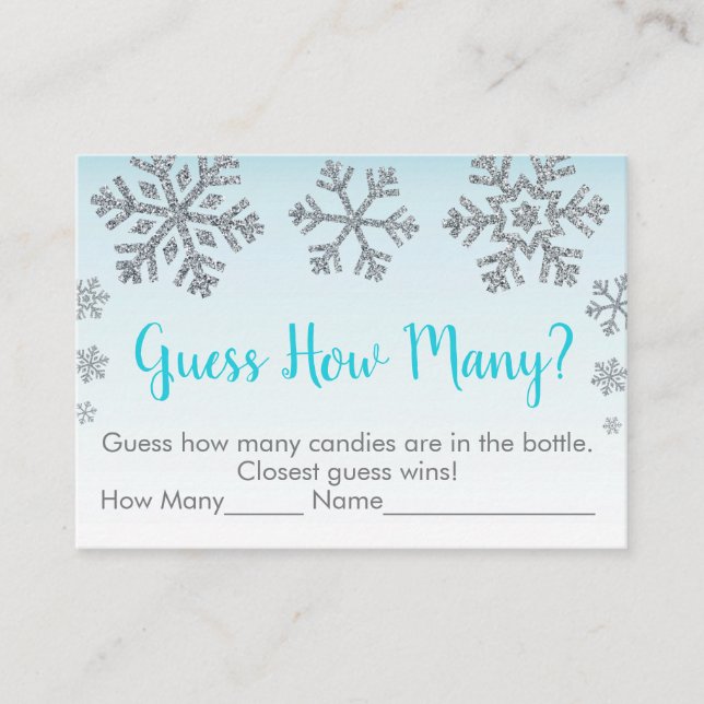 Snowflake Blue & Silver Guess How Many Shower Game Place Card (Front)