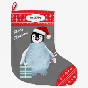 Snowflake Border Cute Penguin Candy Cane Large Chr Christmas Stocking