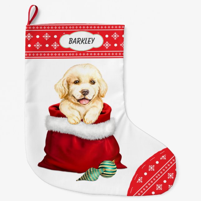 Snowflake Border Golden Retriever Gift Surprise Large Christmas Stocking (Front)
