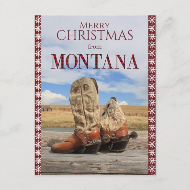 Snowflake Border Montana Cowboy Boots Christmas  Holiday Postcard (Front)