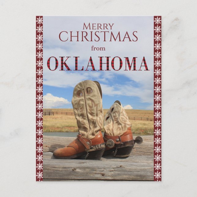 Snowflake Border Oklahoma Cowboy Boots Christmas Holiday Postcard (Front)